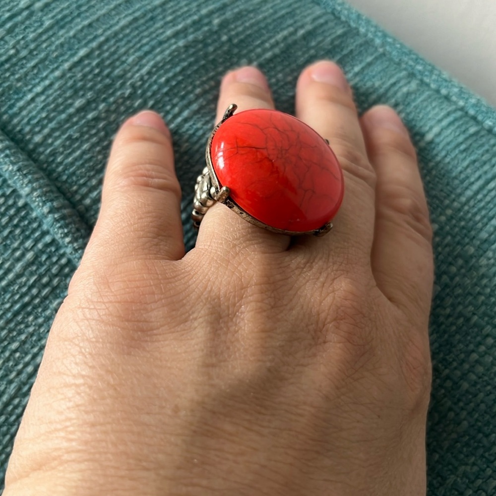 Costume Ring orange bead silver stretchy elastic one size OS Fall Halloween